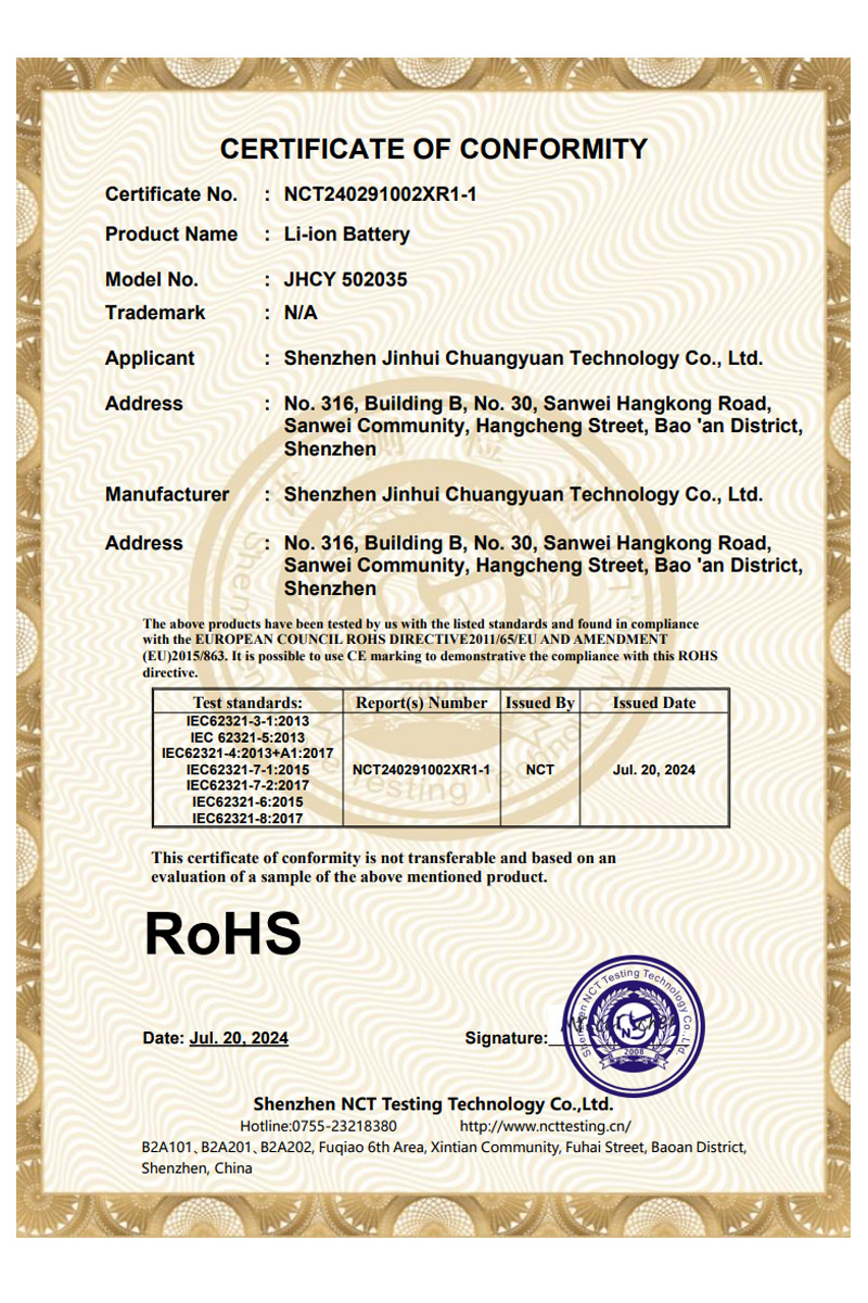 NCT240291002X 金慧 JHCY 502035 ROHS证书
